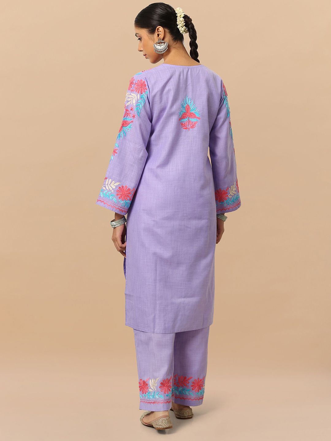 HOUSE OF KARI Flora Embroidered Thread Work Falak Kashmiri Straight Kurta With Trousers