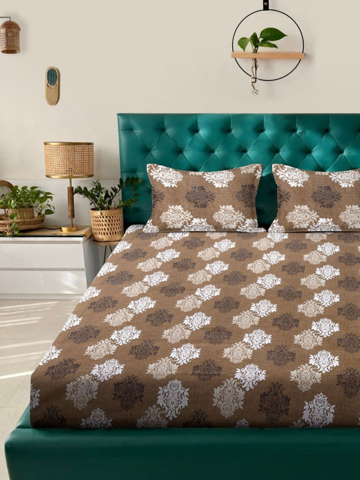 Myntra Elegant Homes Coklat & Putih Kapas Bunga 400 TC Set Cadar King 2.50 m x 2.25 m