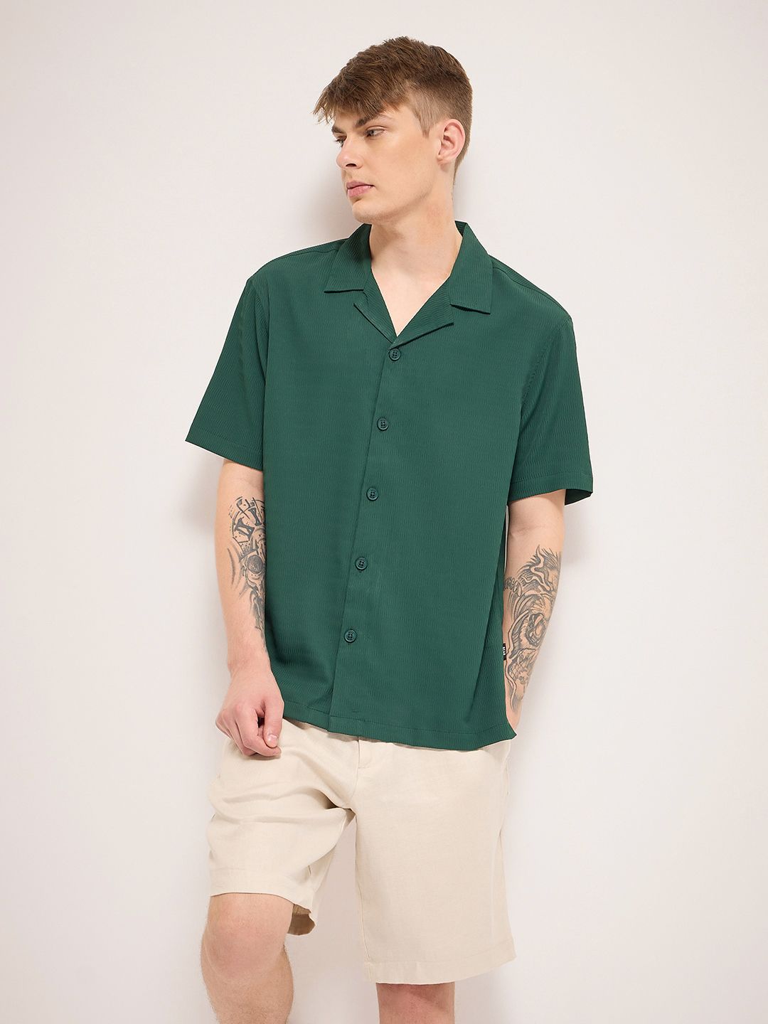 THE BEAR HOUSE Men Cuban Collar Abstract Printed Casual Shirt