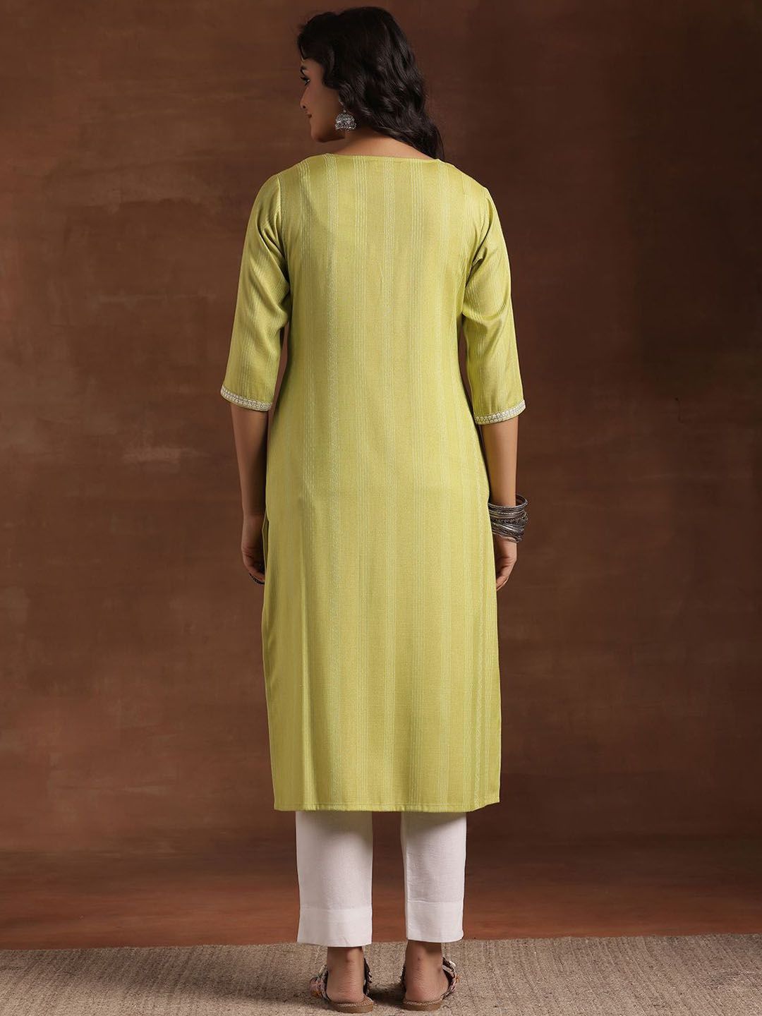 Libas Striped V-Neck Thread Work Dobby Straight Kurta