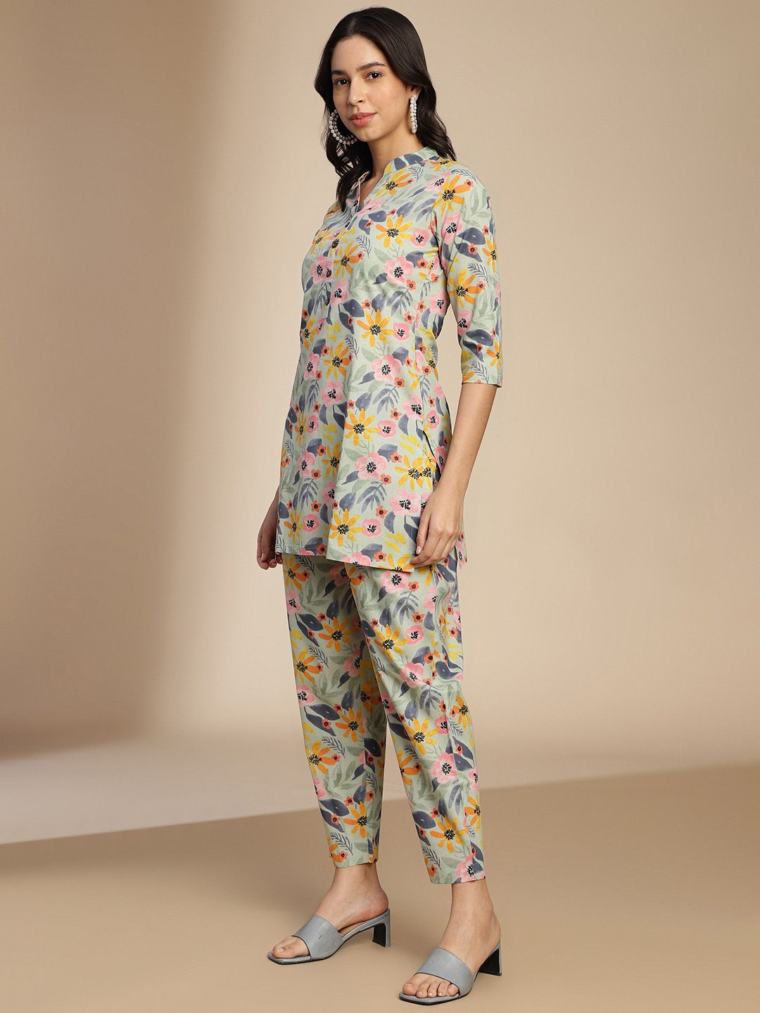 KALINI Floral Printed Pure Cotton Top With Trousers Co-Ords