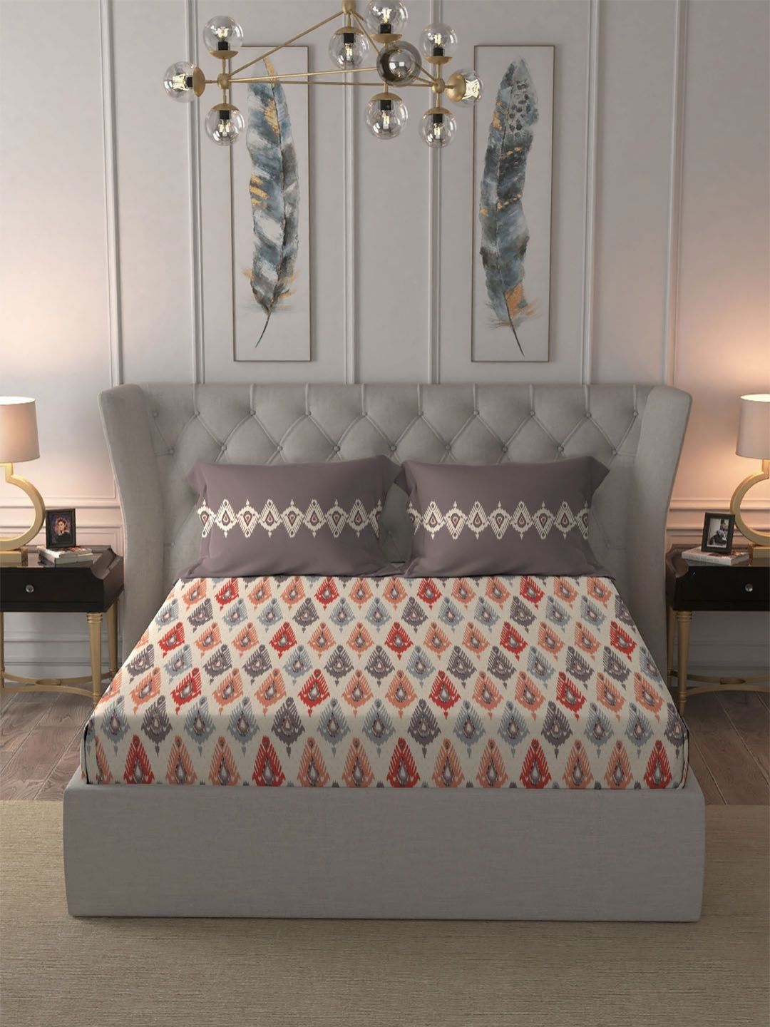 MYTRIDENT Dusk & Dawn Red Ethnic Cotton 144 TC Double Queen Bedsheet Set-2.28mX2.54m