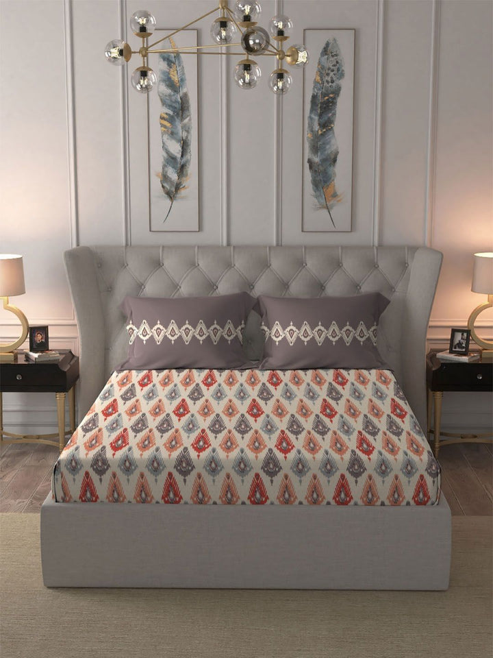 MYTRIDENT Dusk & Dawn Red Ethnic Cotton 144 TC Double Queen Bedsheet Set-2.28mX2.54m