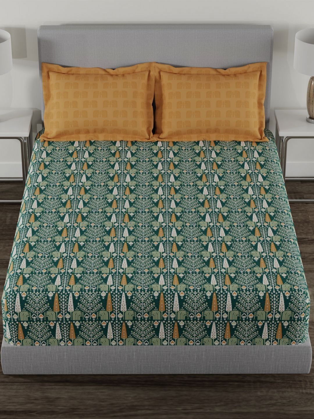 MYTRIDENT Carnival Green & Yellow Floral Cotton 144 TC Queen Bedsheet Set-2.28 m x 2.54 m