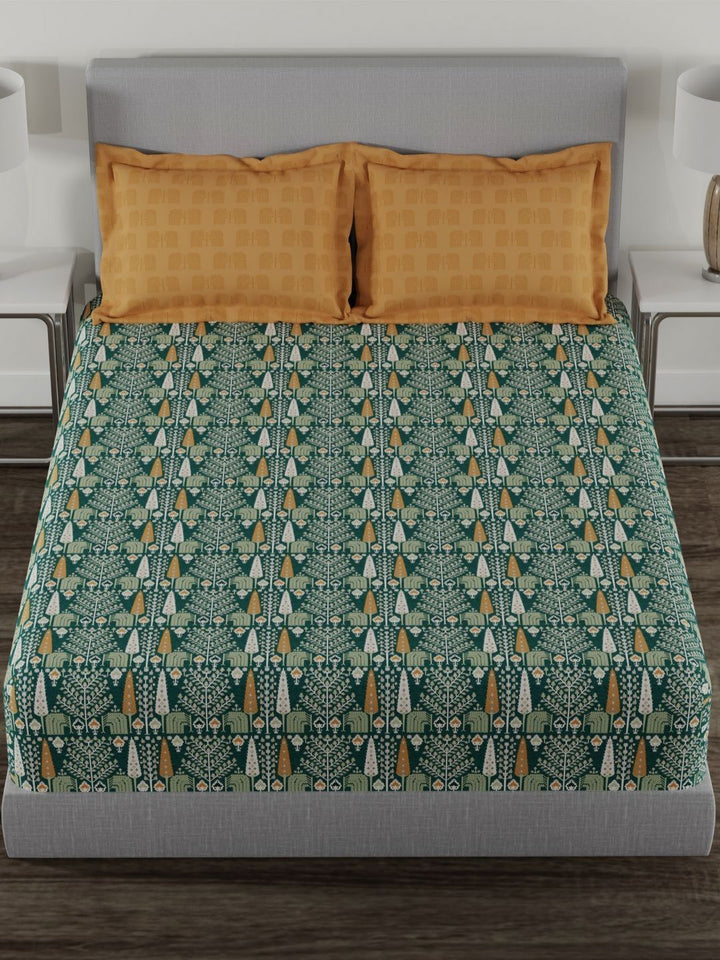 MYTRIDENT Carnival Green & Yellow Floral Cotton 144 TC Queen Bedsheet Set-2.28 m x 2.54 m