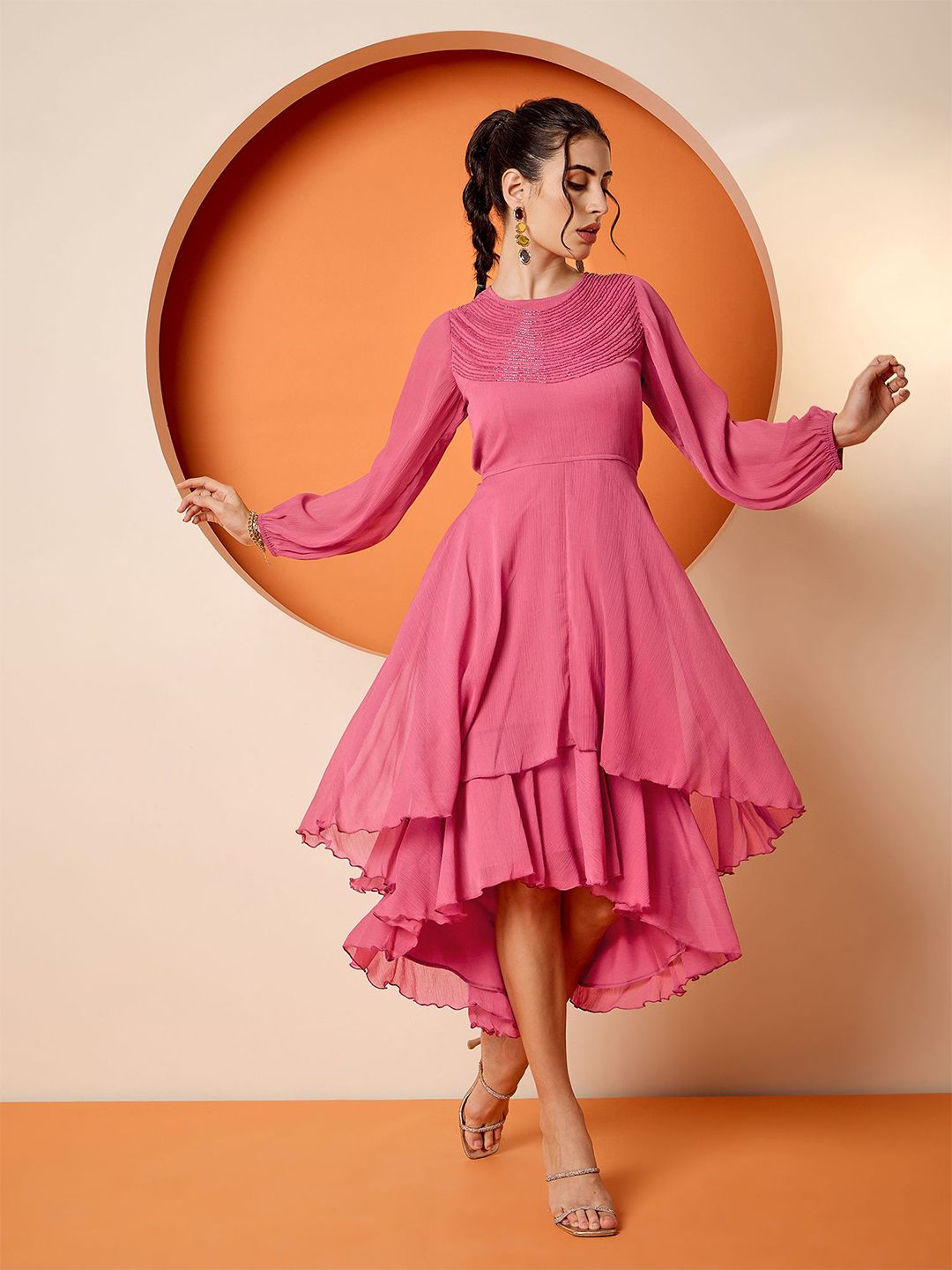 Antheaa Embellished Puff Sleeve Chiffon Fit & Flare Dress