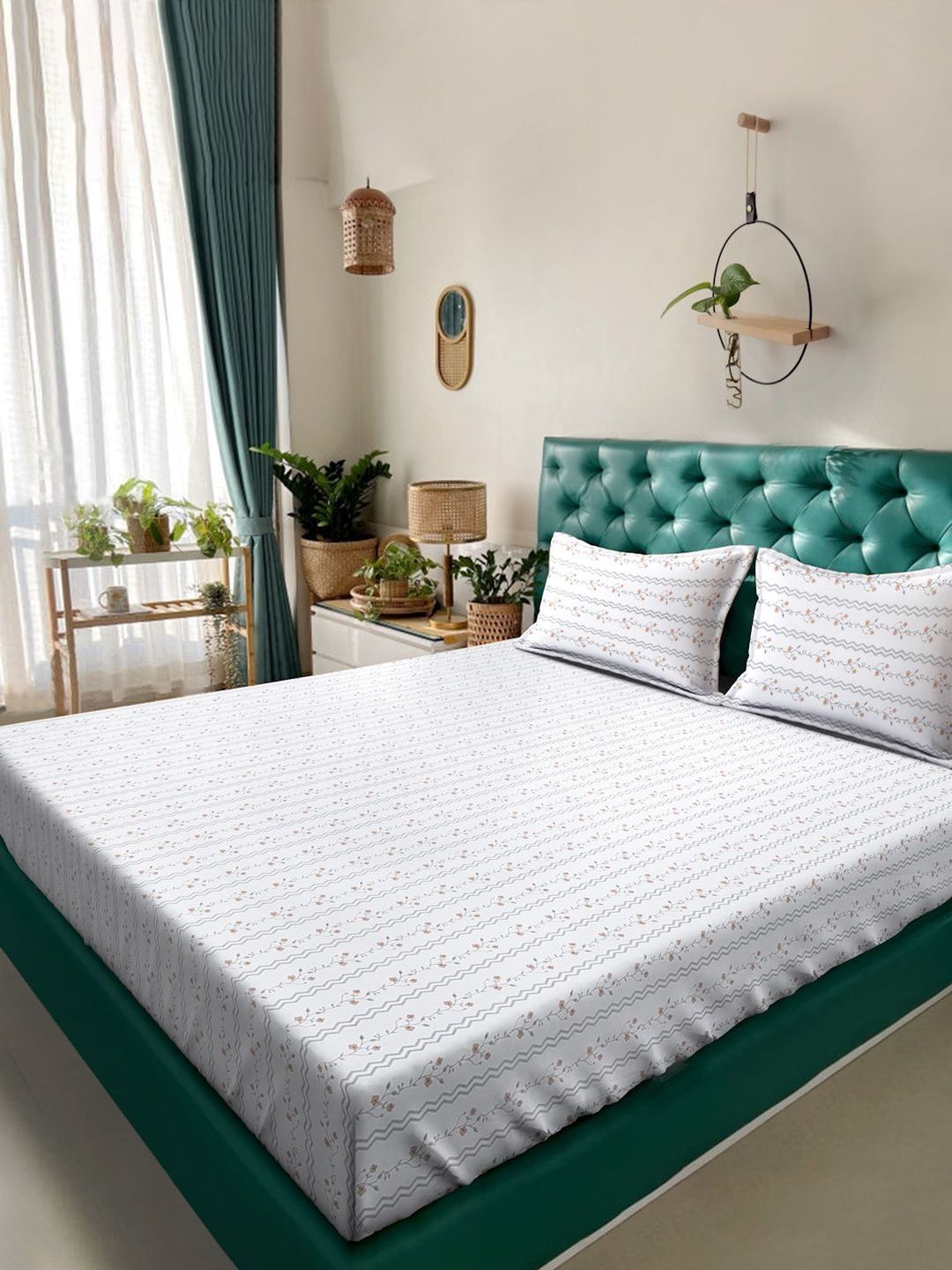 KLOTTHE White Floral Pure Cotton 400 TC Cadar dengan 2 Sarung Bantal