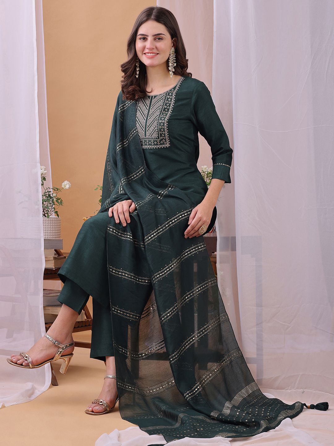 KALINI Women Ethnic Motifs Embroidered Regular Sequinned Kurta with Trousers & Dupatta