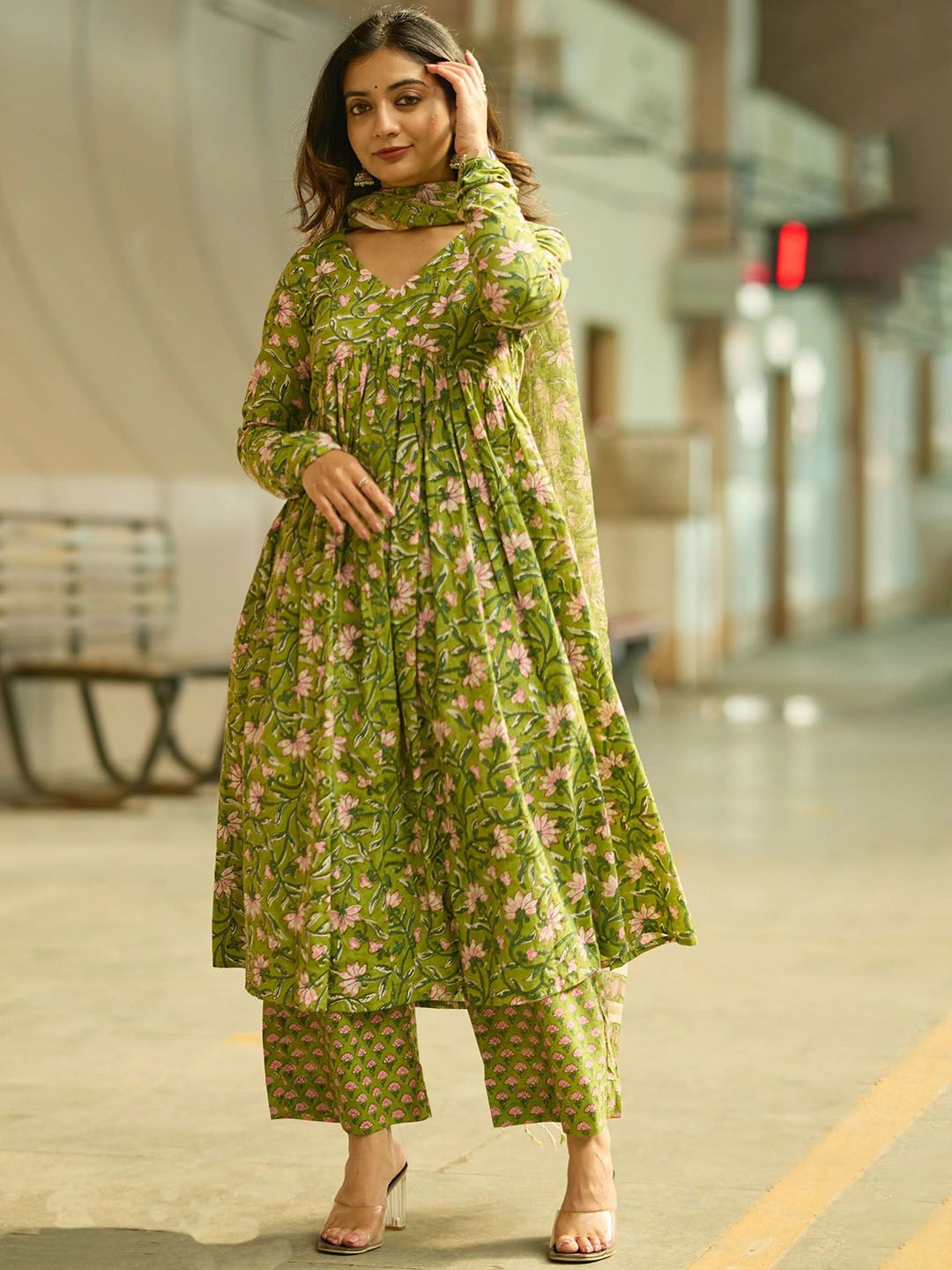 KALINI Women Floral Printed Anarkali Kurta with Trousers & Dupatta