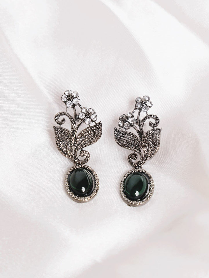 PANASH Silver-Plated Cubic Zirconia Studded Leaf Shaped Oxidised Drop Earrings