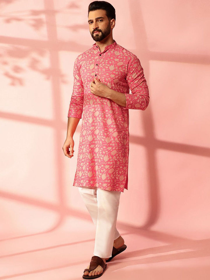 Anouk Floral Printed Band Collar Cotton Linen Straight Kurta