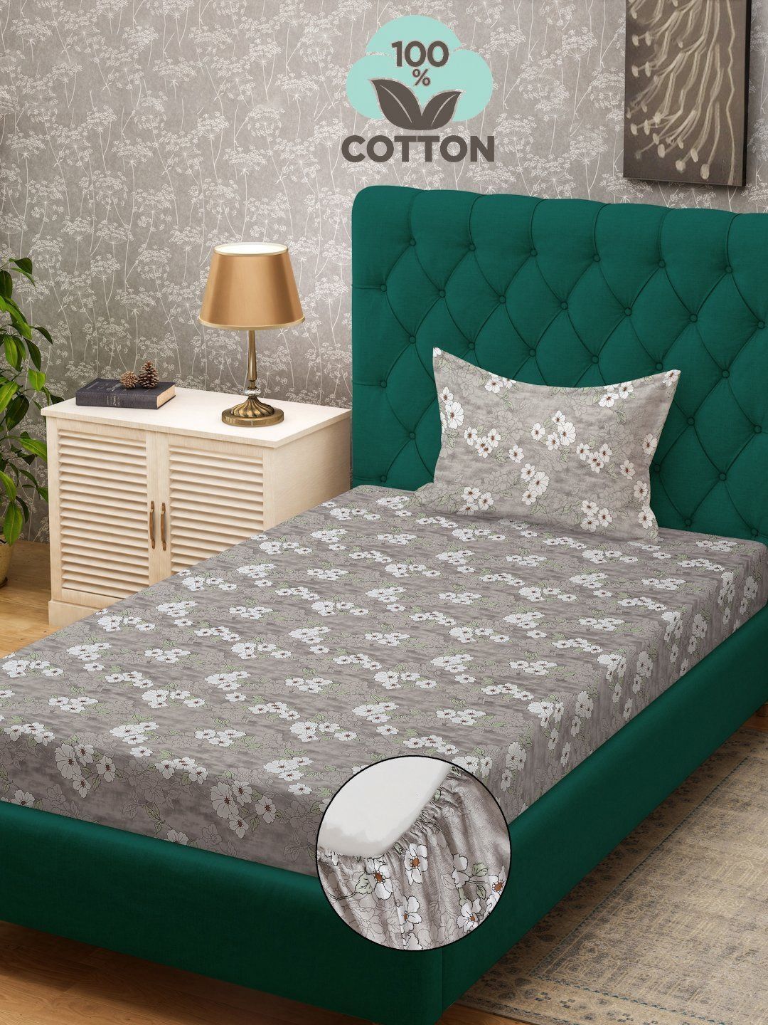 Myntra Elegant Homes Grey & White Floral 400 TC Single Bedsheet with 1 Pillow Covers