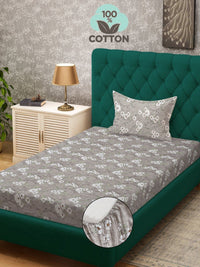 Myntra Elegant Homes Grey & White Floral 400 TC Single Bedsheet with 1 Pillow Covers