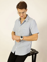 Thomas Scott Men Classic Spread Collar Vertical Striped Cotton Slim Fit Casual Shirt