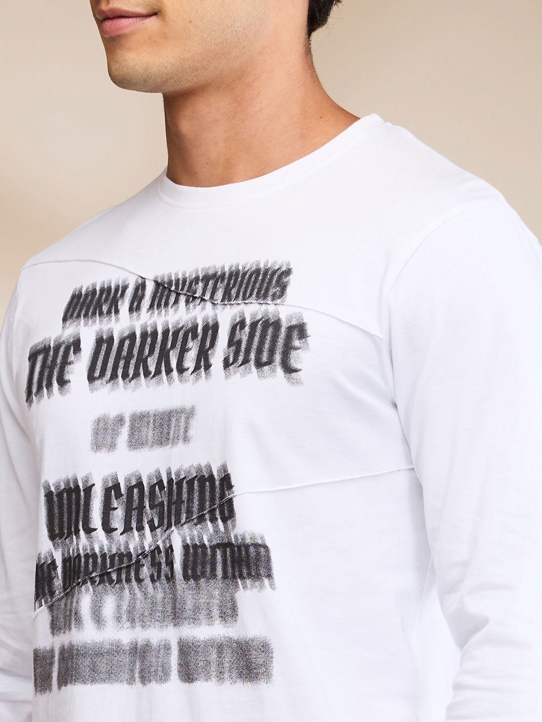 Being Human Men White Cotton Round Neck Full Sleeves Typography Applique Slim Fit T-shirt