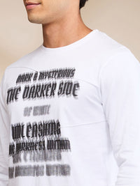 Being Human Men White Cotton Round Neck Full Sleeves Typography Applique Slim Fit T-shirt
