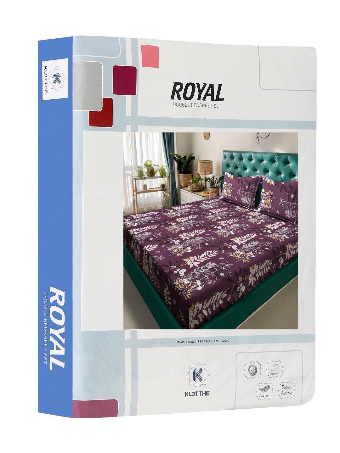 KLOTTHE Kapas Daun Ungu 300 TC Cadar Tempat Tidur King Halus dengan 2 Sarung Bantal-250 x 225 cm