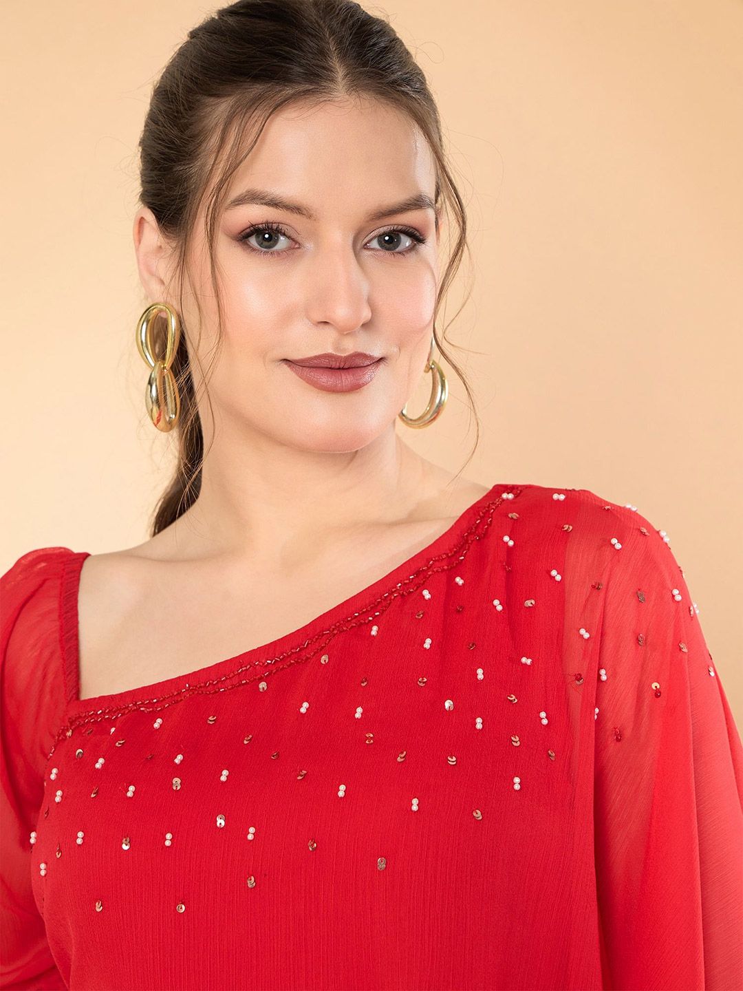 Antheaa Embellished Cape Sleeve Chiffon Fit & Flare Midi Dress