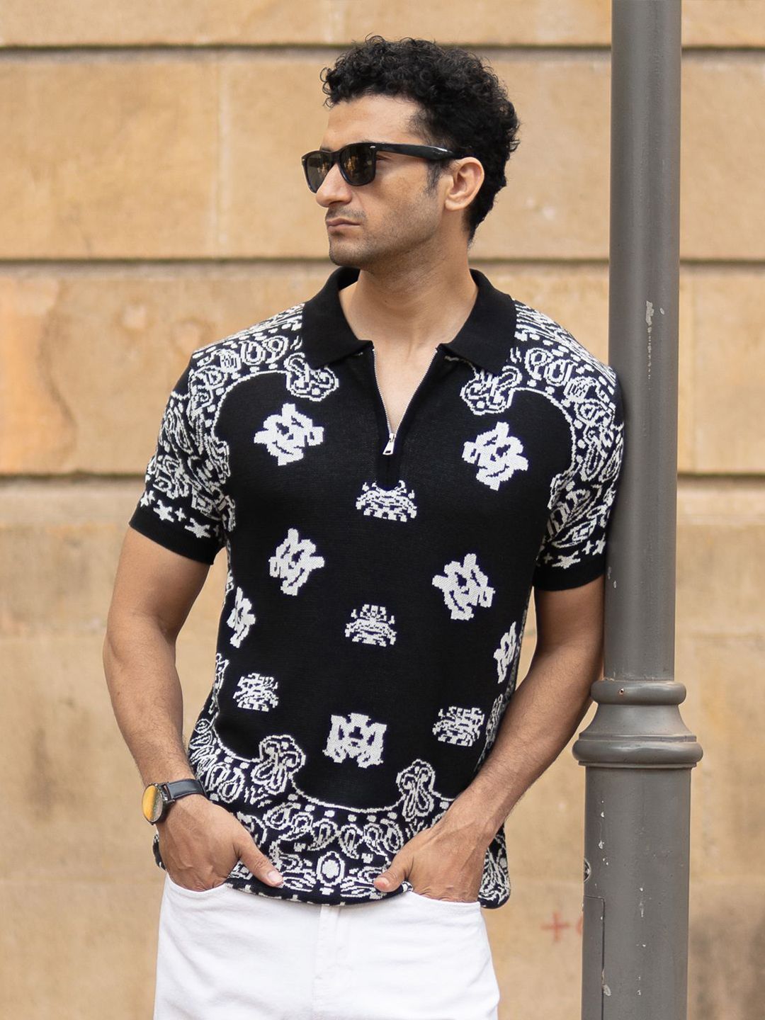 Powerlook SS25 Paisley Printed Bandana Knitted Polo Collar Pure Cotton T-Shirt