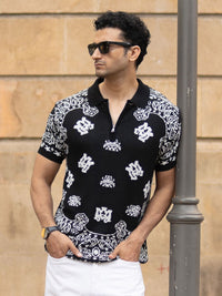 Powerlook SS25 Paisley Printed Bandana Knitted Polo Collar Pure Cotton T-Shirt