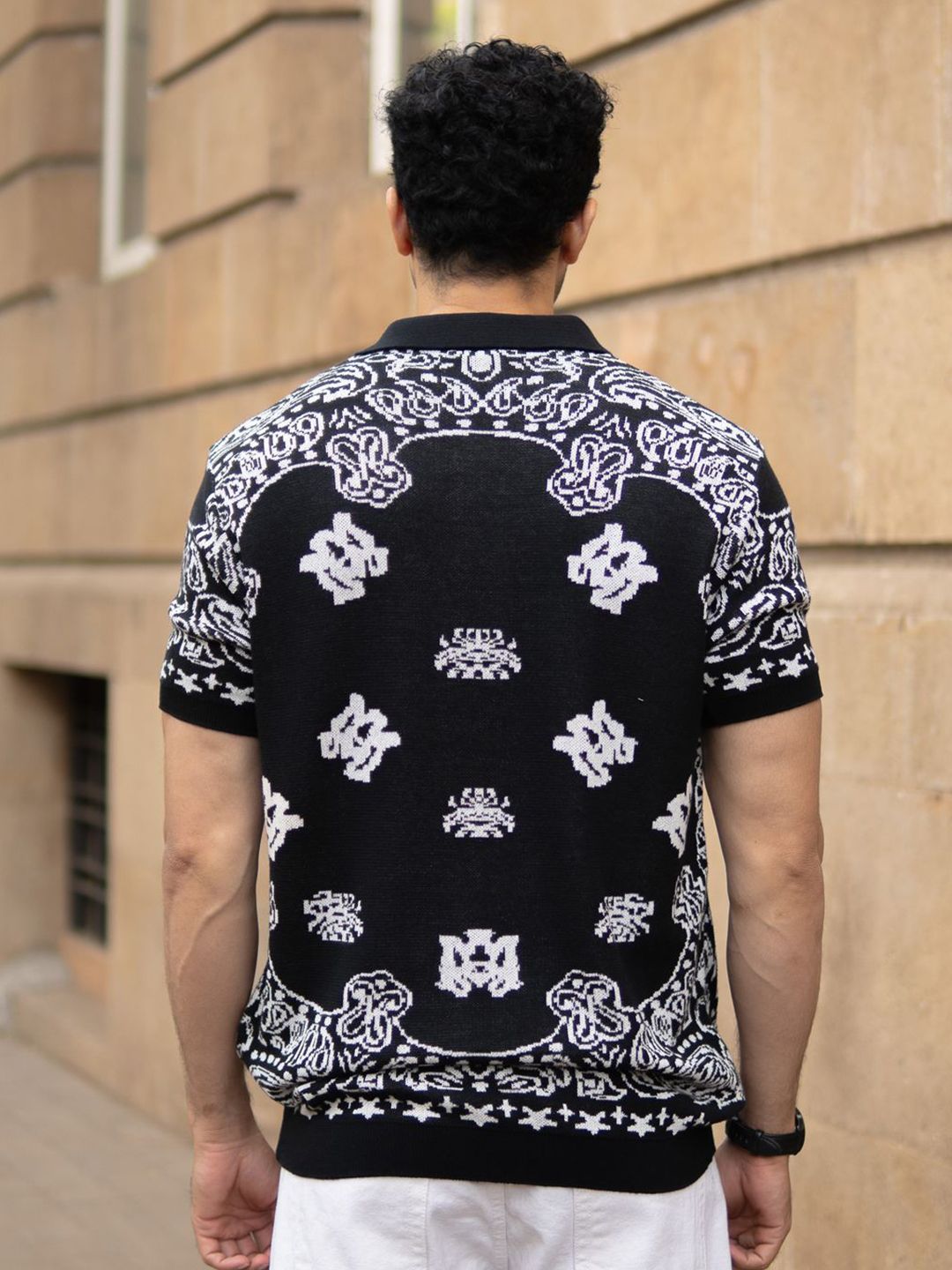 Powerlook SS25 Paisley Printed Bandana Knitted Polo Collar Pure Cotton T-Shirt