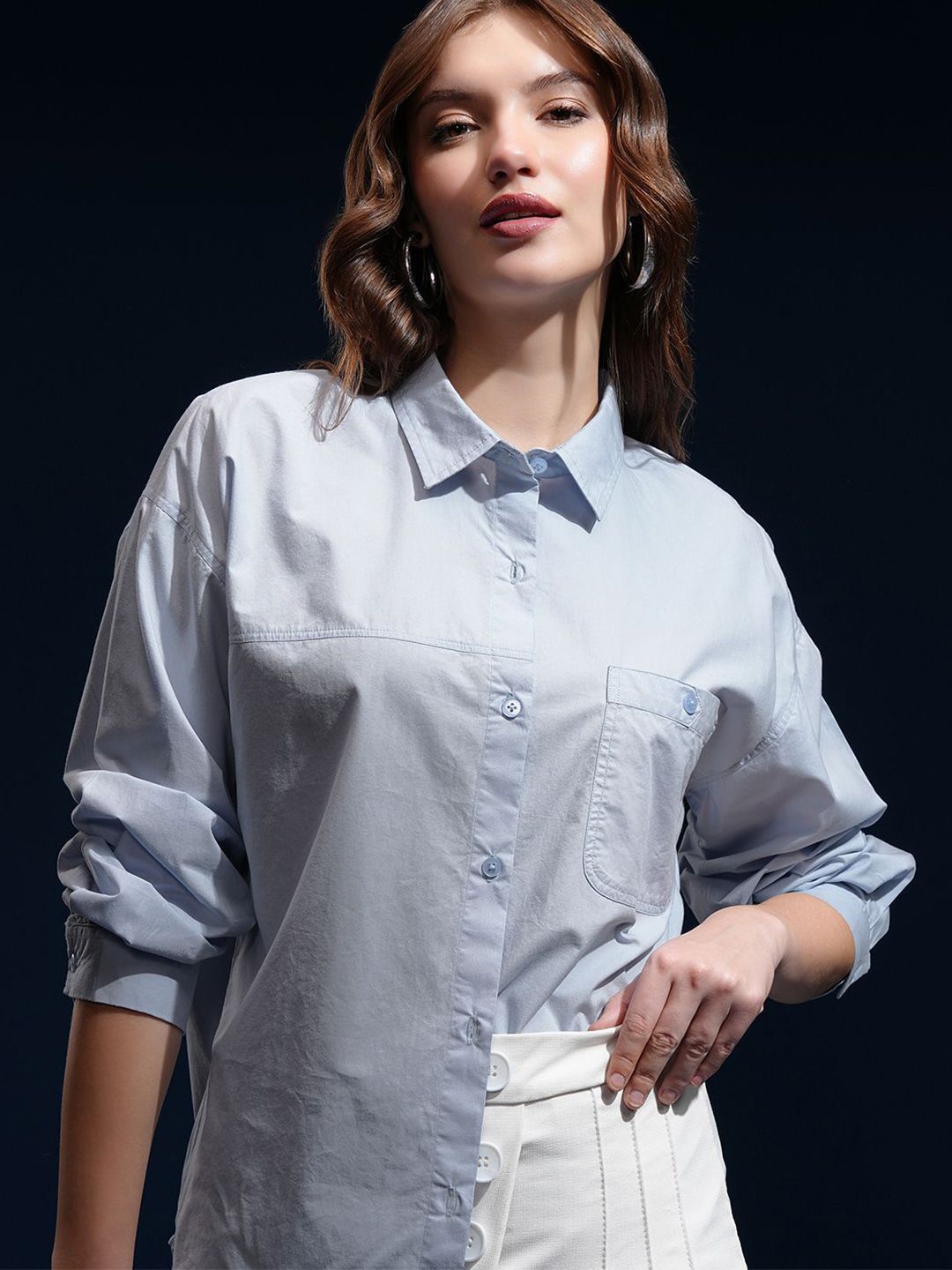 CHIC BY TOKYO TALKIES Women Spread Collar Solid Cotton Oversized Casual Shirt