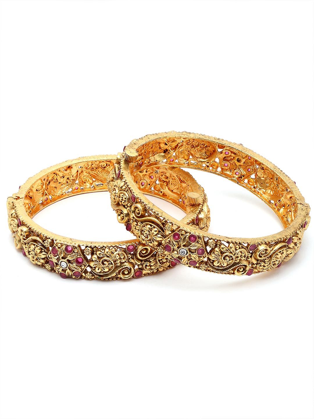 KARATCART Set Of 2 Gold-Plated & Red Stone-Studded Rajwadi Temple Bangles