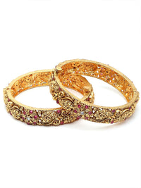 KARATCART Set Of 2 Gold-Plated & Red Stone-Studded Rajwadi Temple Bangles