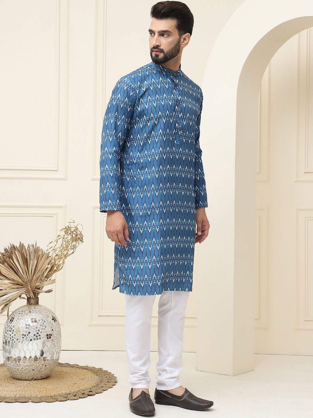 SOJANYA Kolar Mandarin Bercetak Geometrik Kapas Tulen Kurta Lurus dengan Piyama