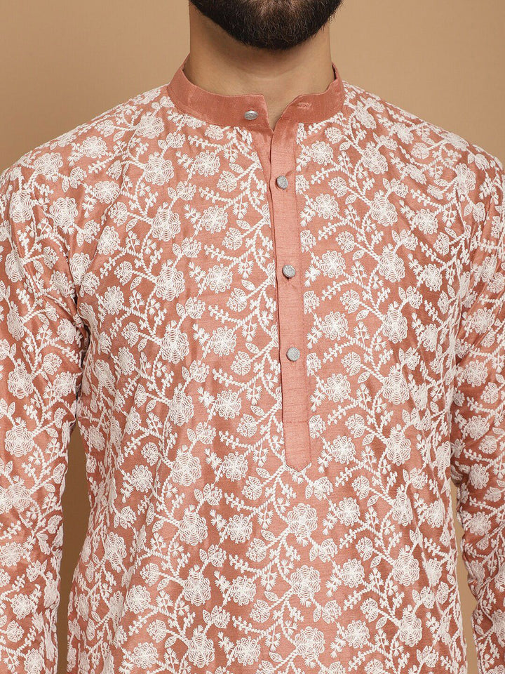Anouk Floral Embroidered Mandarin Collar Knee Length Regular Kurta with Churidar