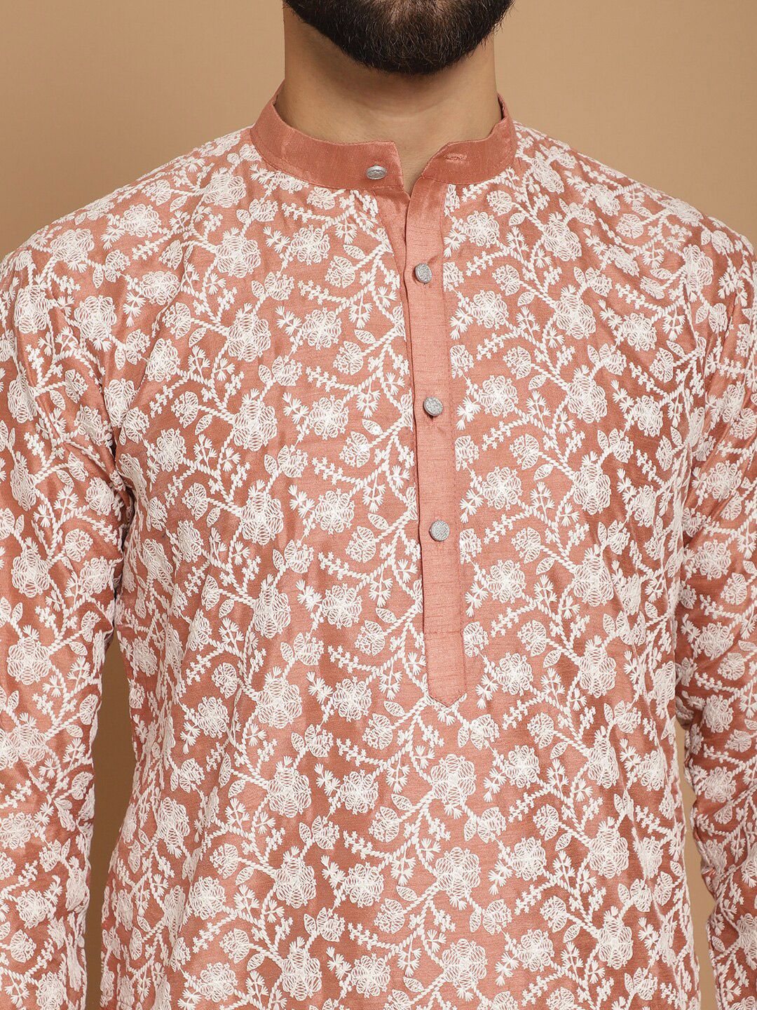 Anouk Floral Embroidered Mandarin Collar Knee Length Regular Kurta with Churidar