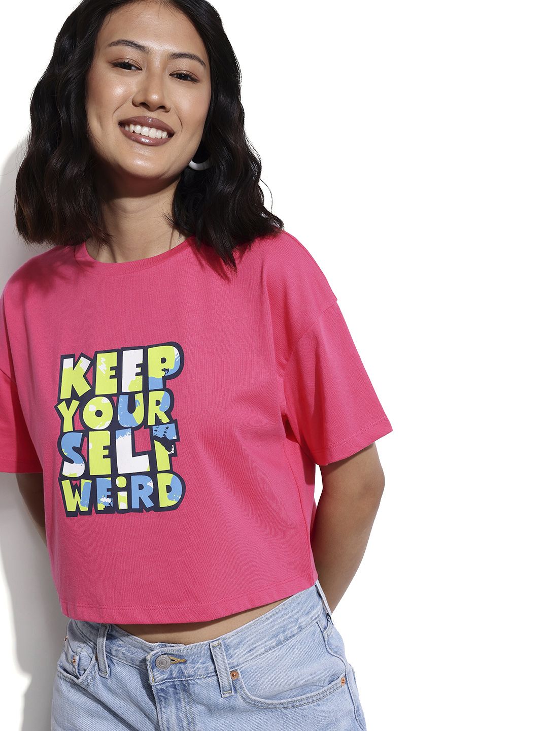 DressBerry Stay Sarcastic Drop-It Sleeves Crop Boxy T-shirt