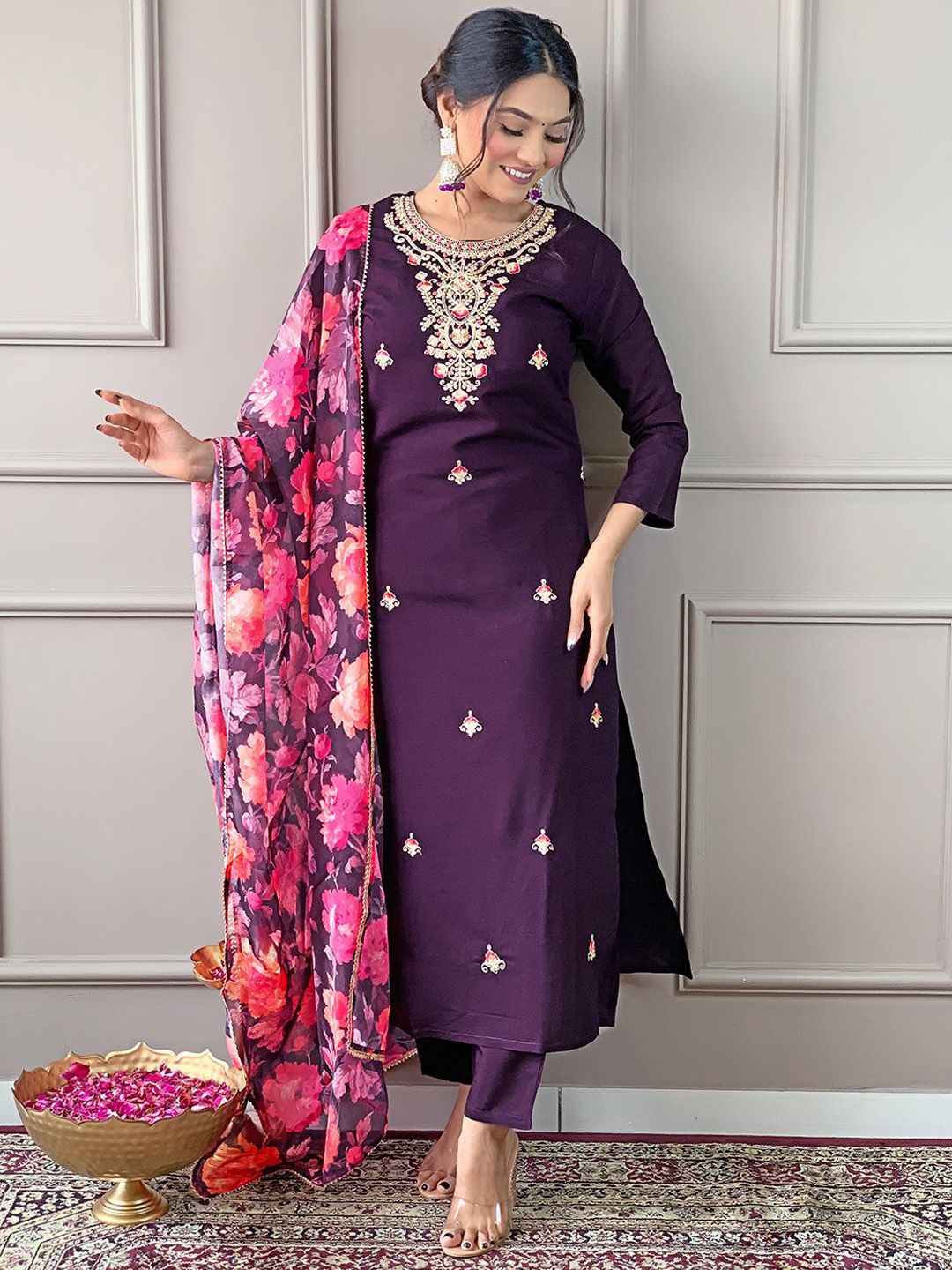 KALINI Women Embroidered Straight Kurta with Trousers & Dupatta
