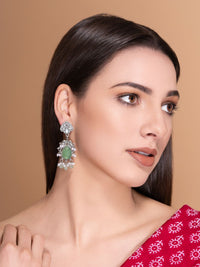 PANASH Silver-Plated Stones Studded And Beaded Contemporary Shaped Oxidized Drop Earrings