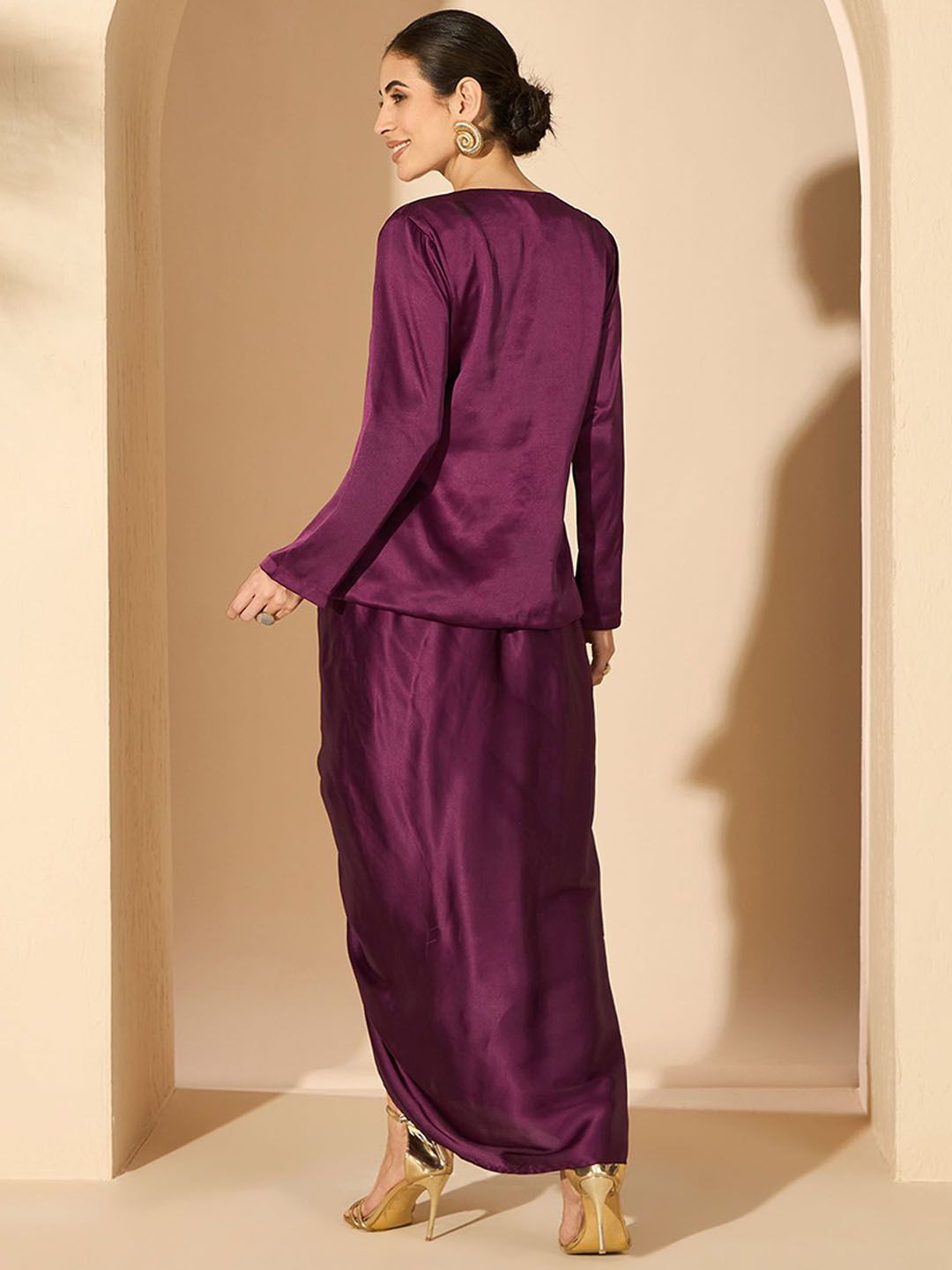 Antheaa 100% Satin Embellished Square Neck Top with Skirt