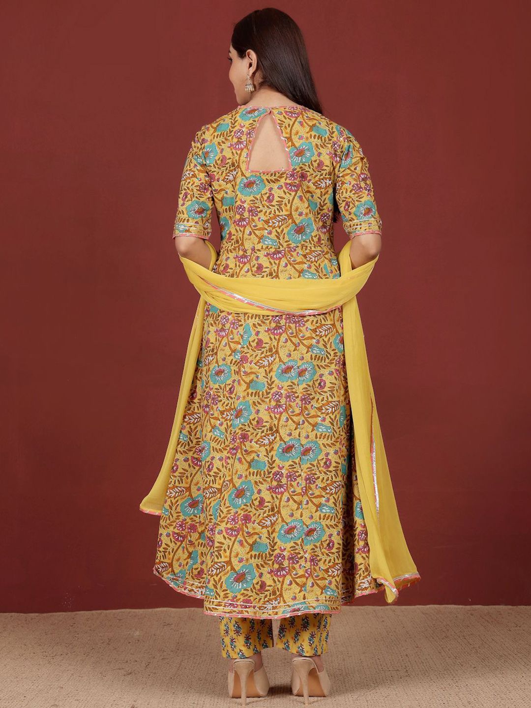 Varanga Floral Printed V-Neck Gotta Patti Pure Cotton A-Line Kurta With Trousers & Dupatta
