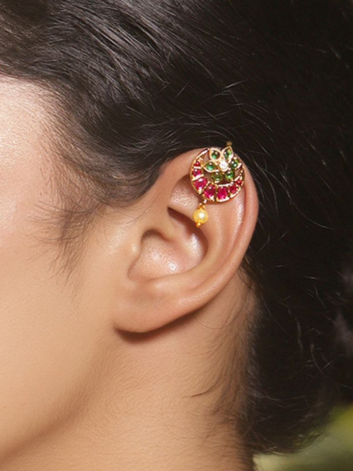 Rubans 22k Gold-Plated Stones Stone & Pearls Beaded Floral Shaped Drop anting-anting