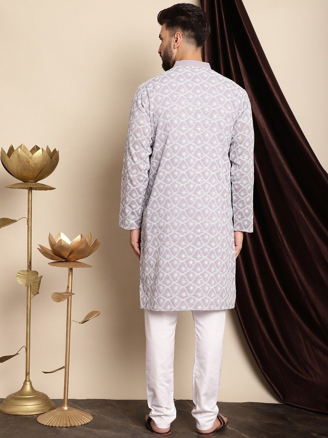 Anouk Lavender & White Floral Embroidered Thread Work Pure Cotton Kurta With Churidar