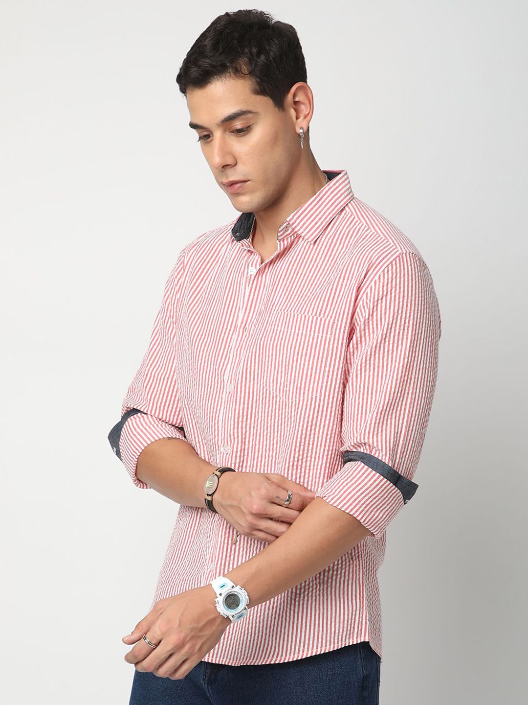 VASTRADO Men Classic Cutaway Collar Multi Striped Cotton Slim Fit Casual Shirt