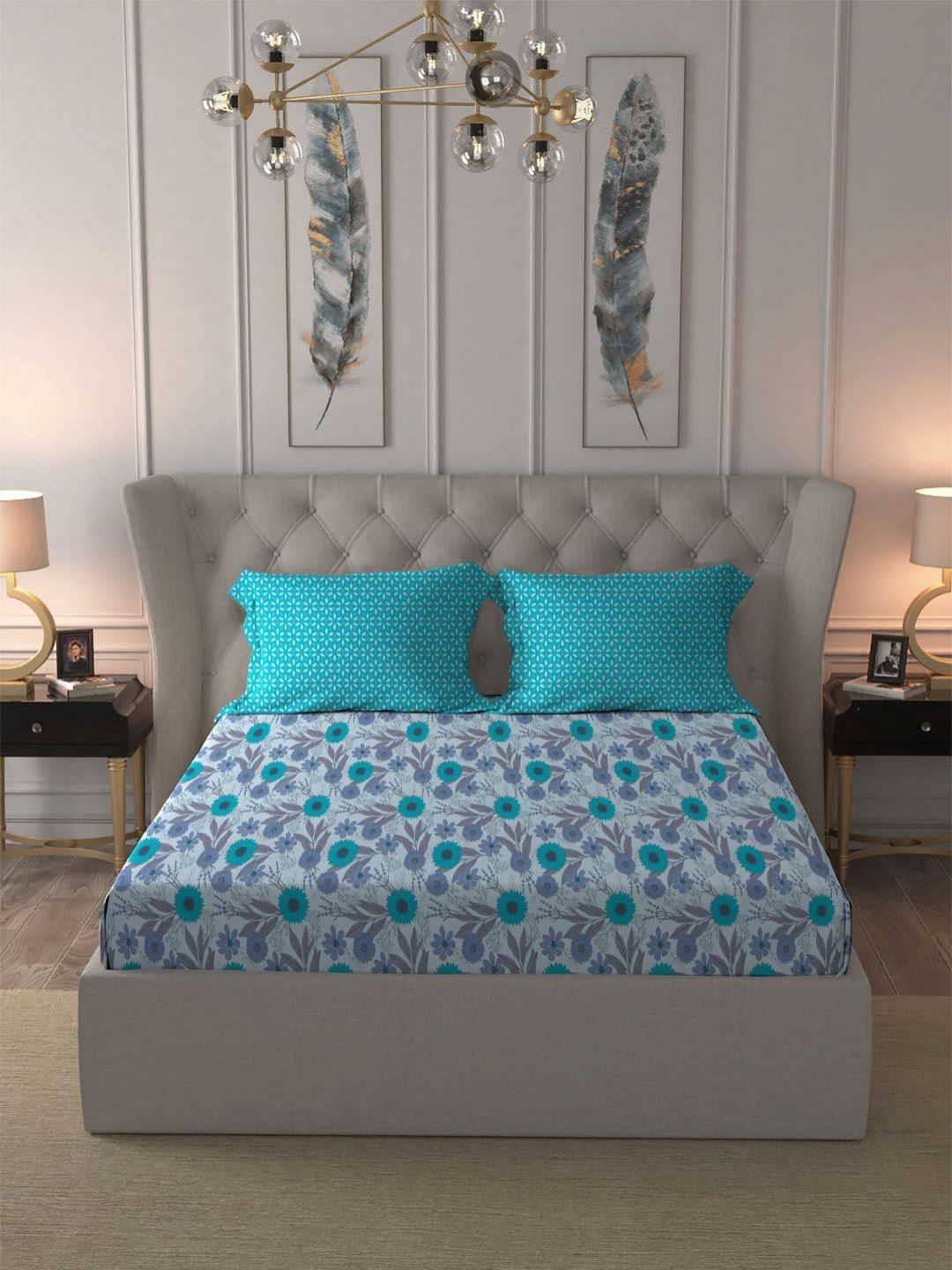 MYTRIDENT Sunflower Blue Comfort Living Flat 120TC Queen Cotton Bedsheet Set
