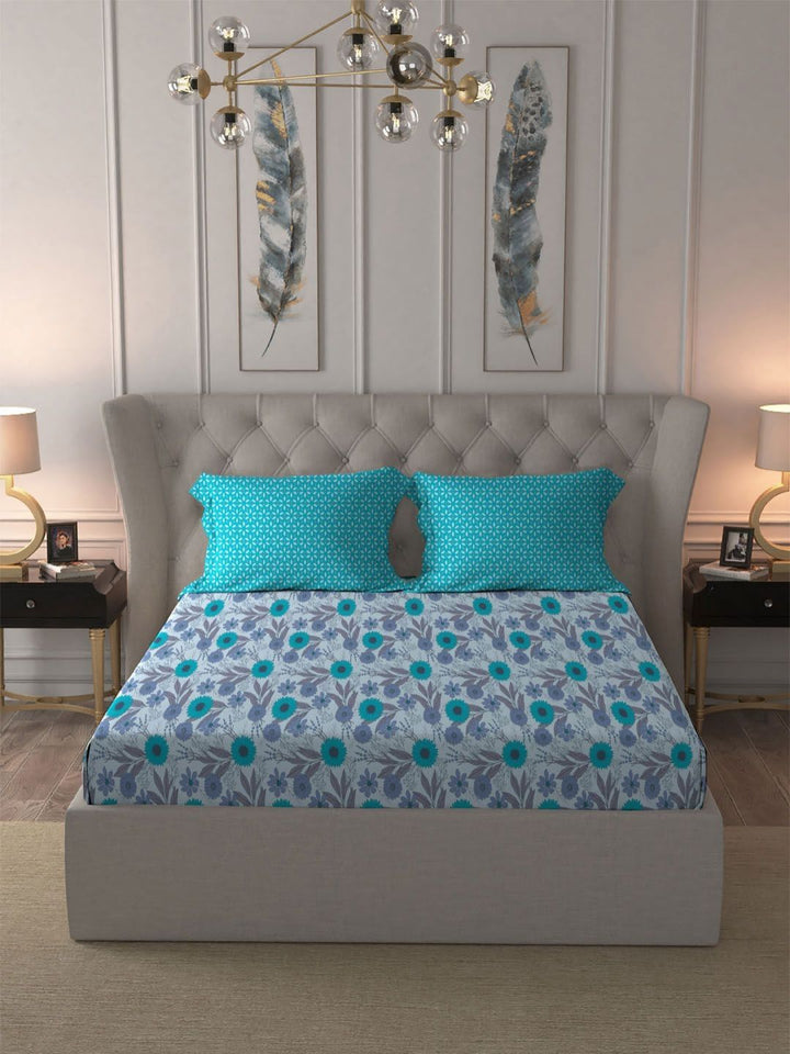 MYTRIDENT Sunflower Blue Comfort Living Flat 120TC Queen Cotton Bedsheet Set