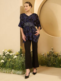 Antheaa Floral Printed Embellished Kimono Sleeve Chiffon Kaftan Top