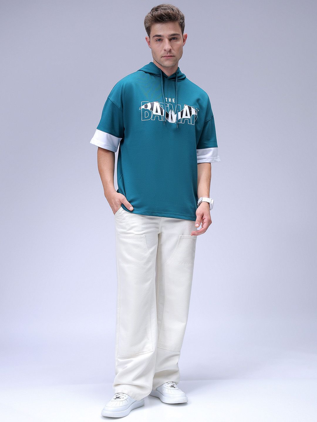 The Indian Garage Co Men Oversized Batman Printed Overhead Hooded Sweatshirt