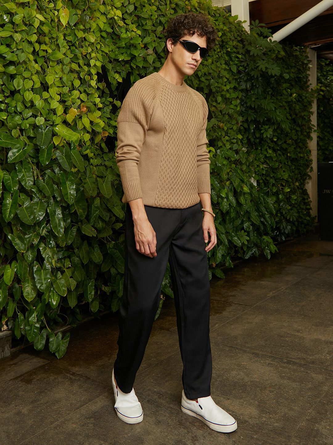 Campus Sutra Men Camel Hive-Knit Pullover Sweater