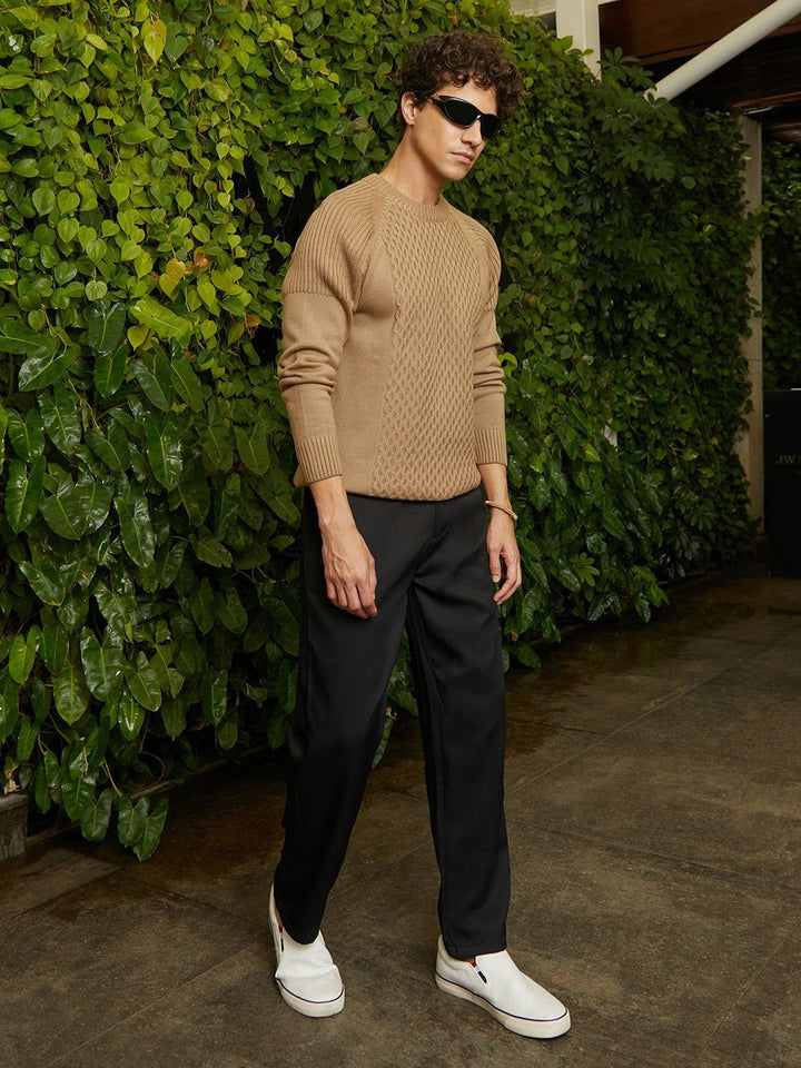 Campus Sutra Men Camel Hive-Knit Pullover Sweater
