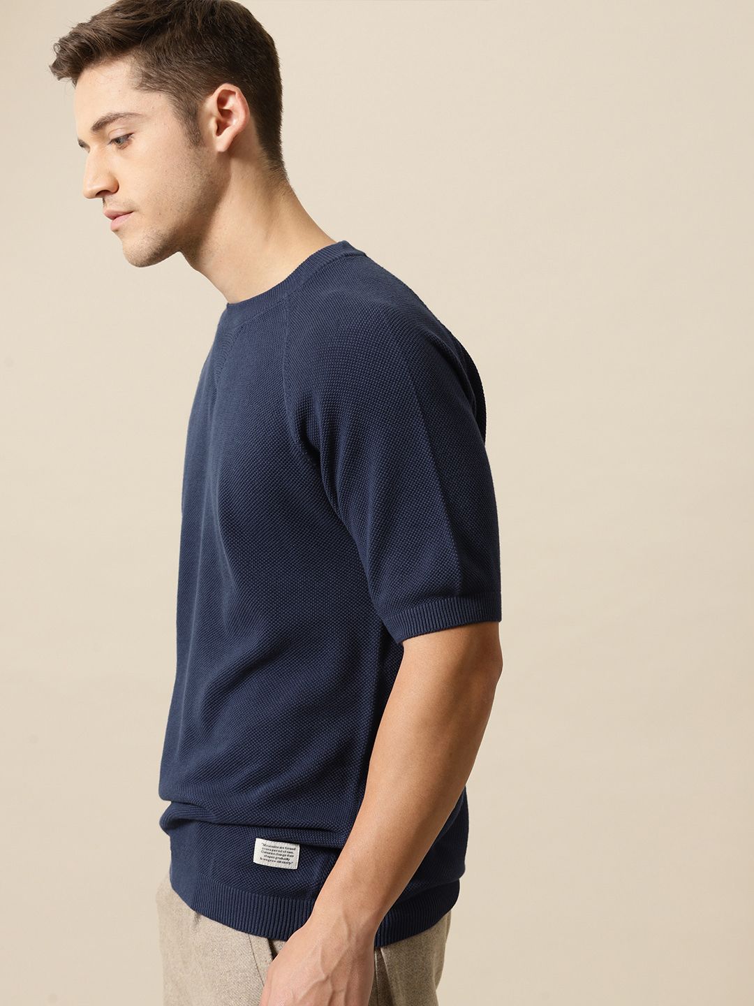Mr Bowerbird Men Navy Blue Solid Tailored Fit Round Neck Sweater Pure Cotton T-shirt