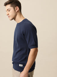 Mr Bowerbird Men Navy Blue Solid Tailored Fit Round Neck Sweater Pure Cotton T-shirt