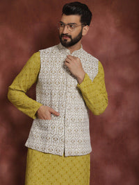 Motif Etnik Hijau Anouk Bersulam Kurta Lurus Dengan Jaket Churidar & Nehru
