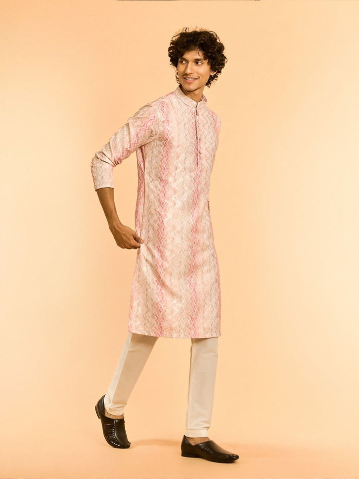 Diwas by Manyavar Geometric Printed Sequinned Mandarin Collar Cotton Straight Kurta