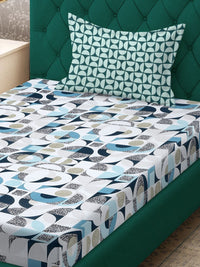 Aura Green & White Geometric Printed Fitted 300TC Single Bedsheet With Pillow Cover